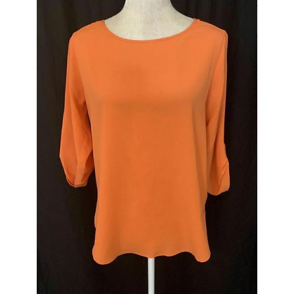 Zara Womens Solid Orange Long Sleeve Crew Neck Top Blouse Small